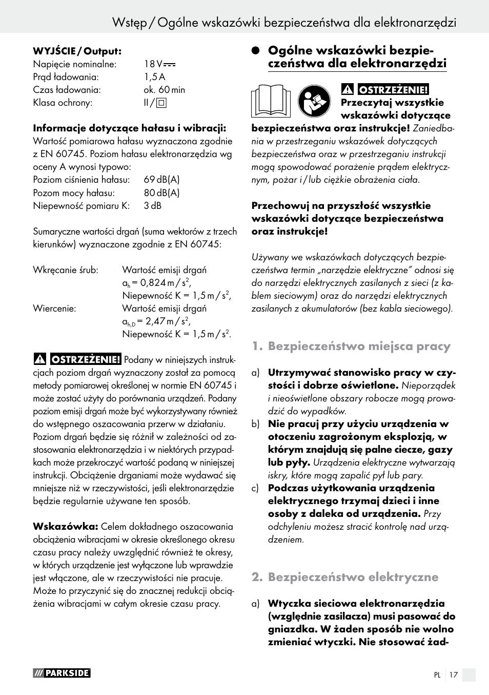 Bezpieczeństwo miejsca pracy, Bezpieczeństwo elektryczne | Parkside PABS 18-Li B4 User Manual | Page 17 / 77