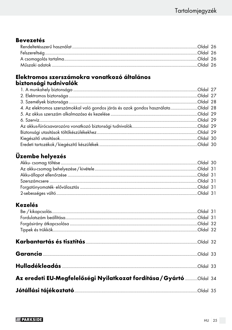 Tartalomjegyzék | Parkside PABS 18-Li B4 User Manual | Page 25 / 77