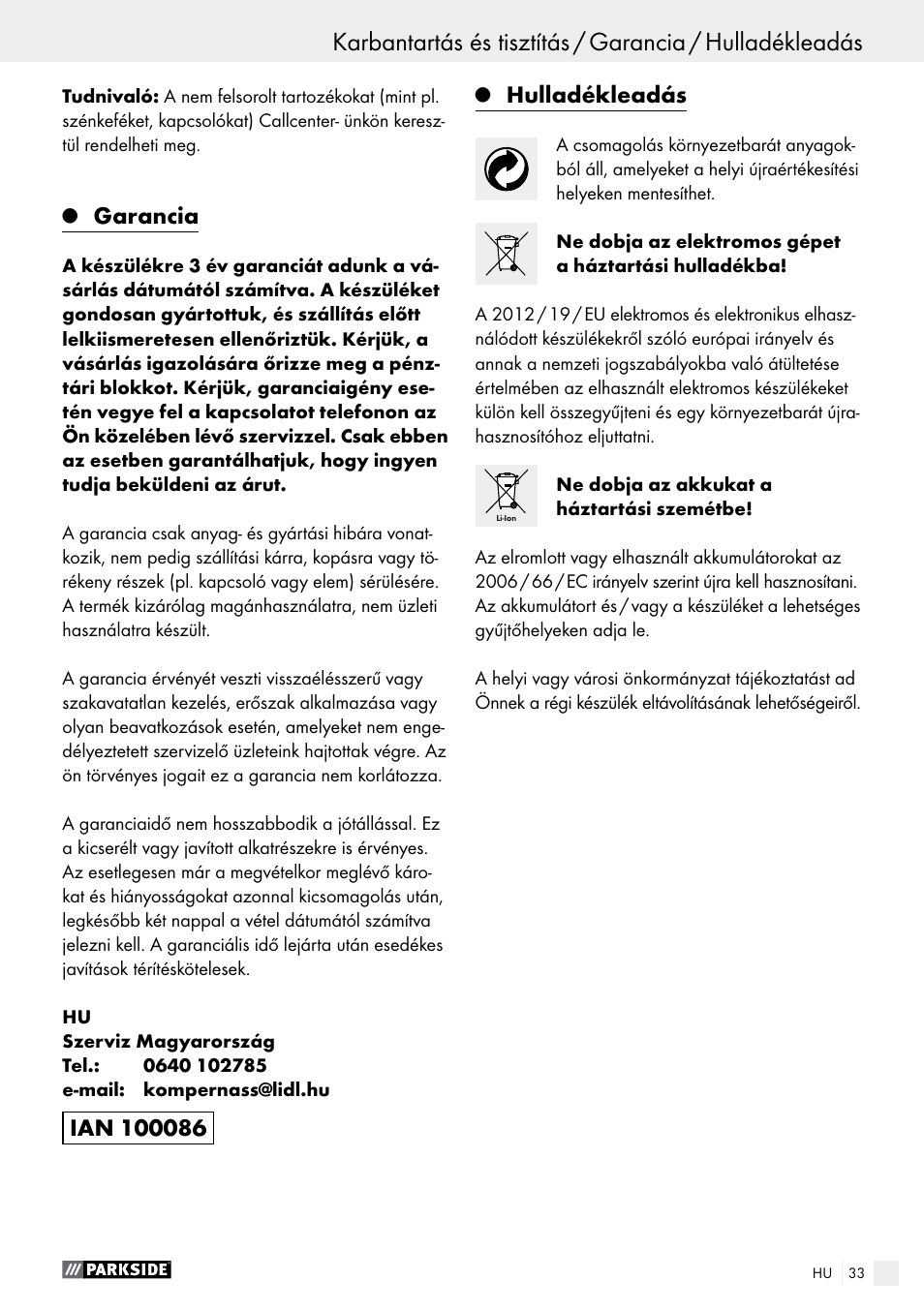 Garancia, Hulladékleadás | Parkside PABS 18-Li B4 User Manual | Page 33 / 77
