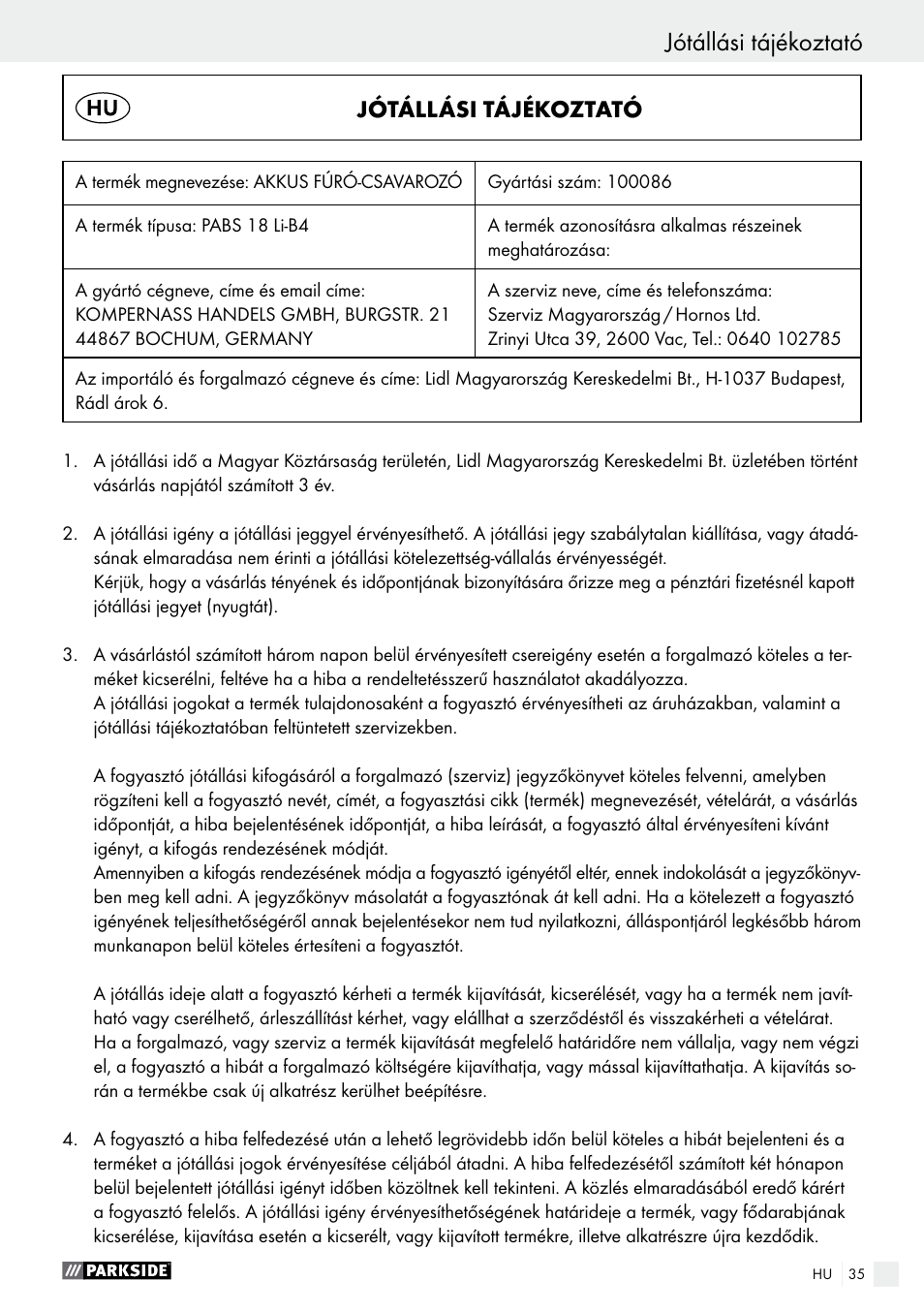 Jótállási tájékoztató | Parkside PABS 18-Li B4 User Manual | Page 35 / 77