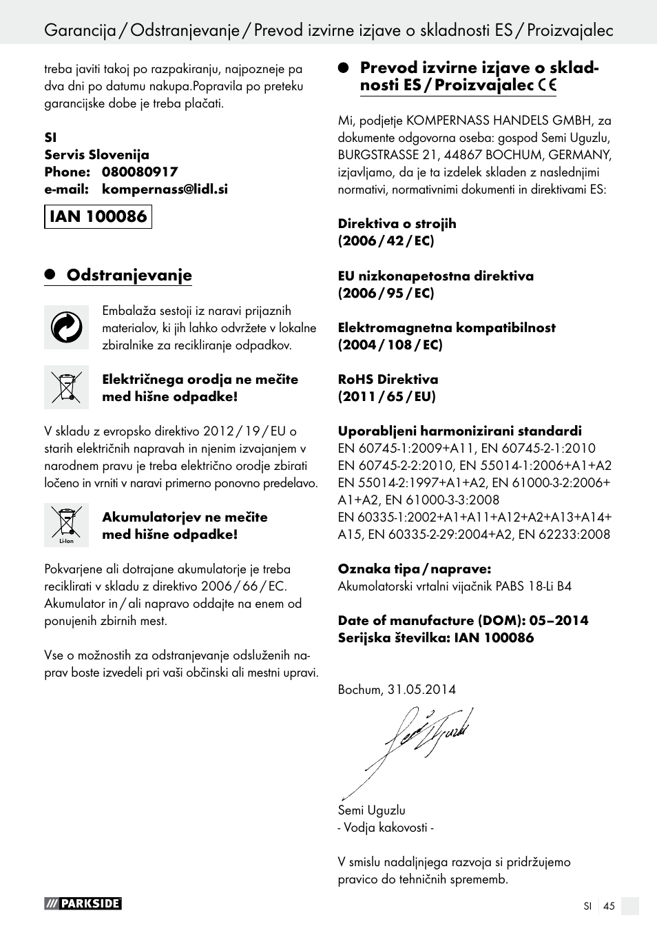 Odstranjevanje | Parkside PABS 18-Li B4 User Manual | Page 45 / 77