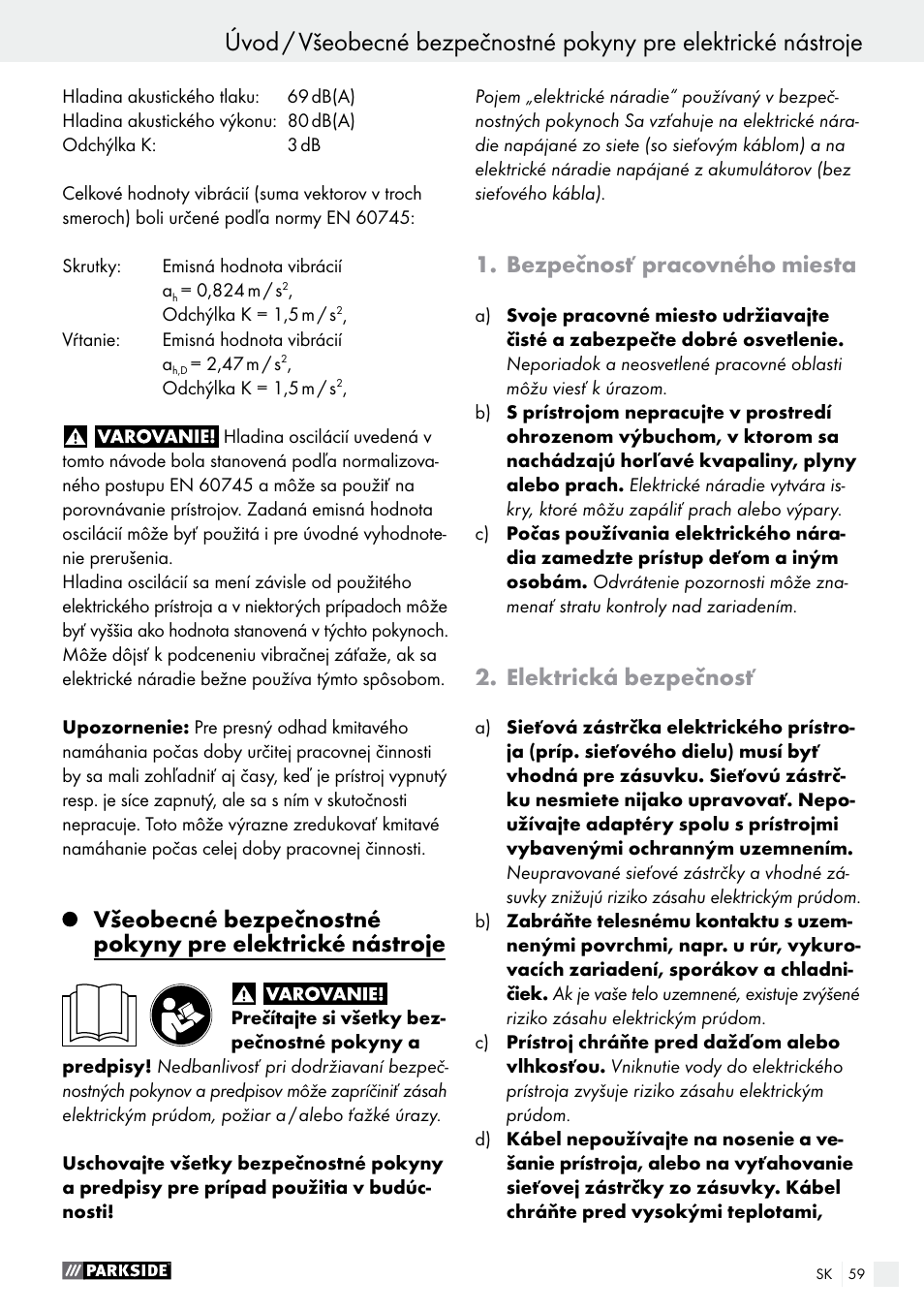 Bezpečnosť pracovného miesta, Elektrická bezpečnosť | Parkside PABS 18-Li B4 User Manual | Page 59 / 77