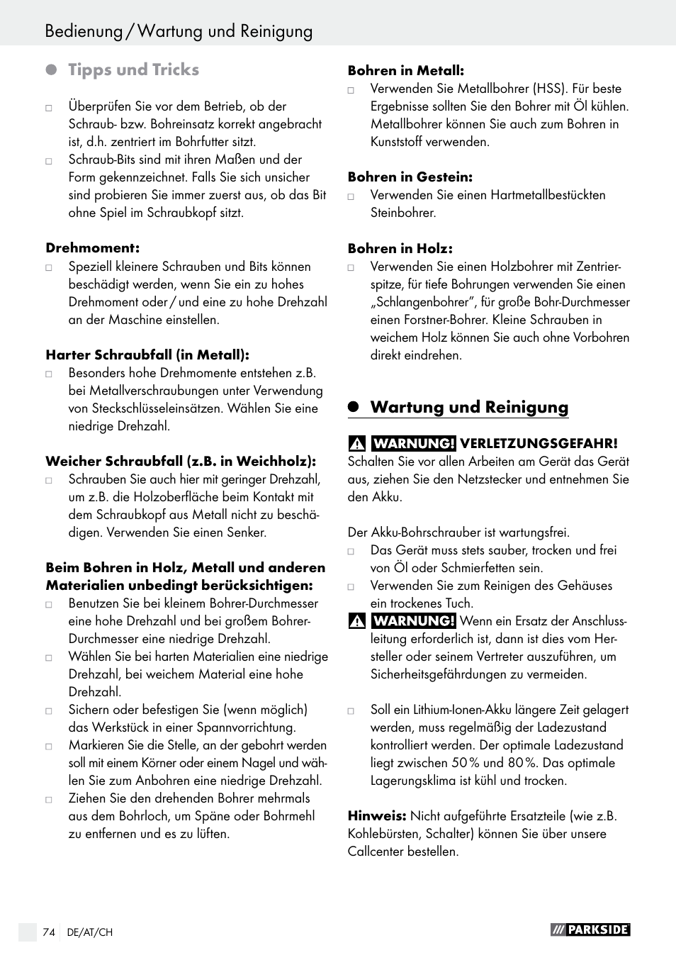 Bedienung / wartung und reinigung, Tipps und tricks, Wartung und reinigung | Parkside PABS 18-Li B4 User Manual | Page 74 / 77