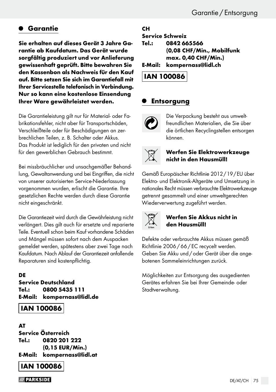 Bedienung / wartung und reinigung, Garantie / entsorgung, Garantie | Entsorgung | Parkside PABS 18-Li B4 User Manual | Page 75 / 77