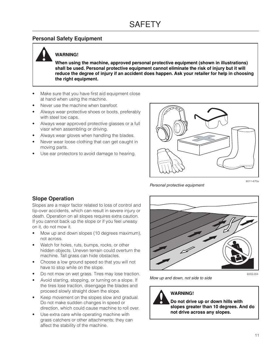 Personal safety equipment, Slope operation, Safety | Dixon SPDZTR 30 User Manual | Page 11 / 60