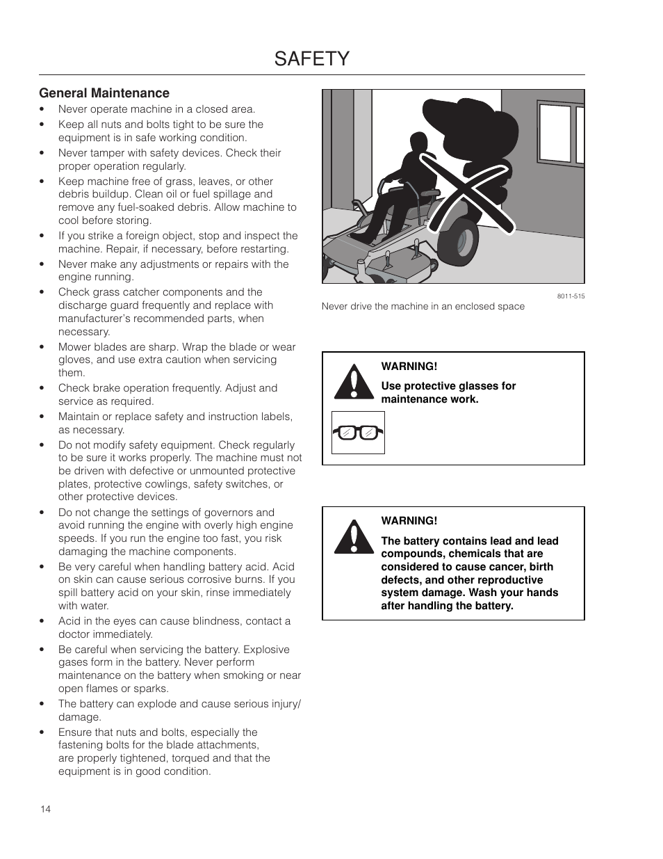 General maintenance, Safety | Dixon SPDZTR 30 User Manual | Page 14 / 60