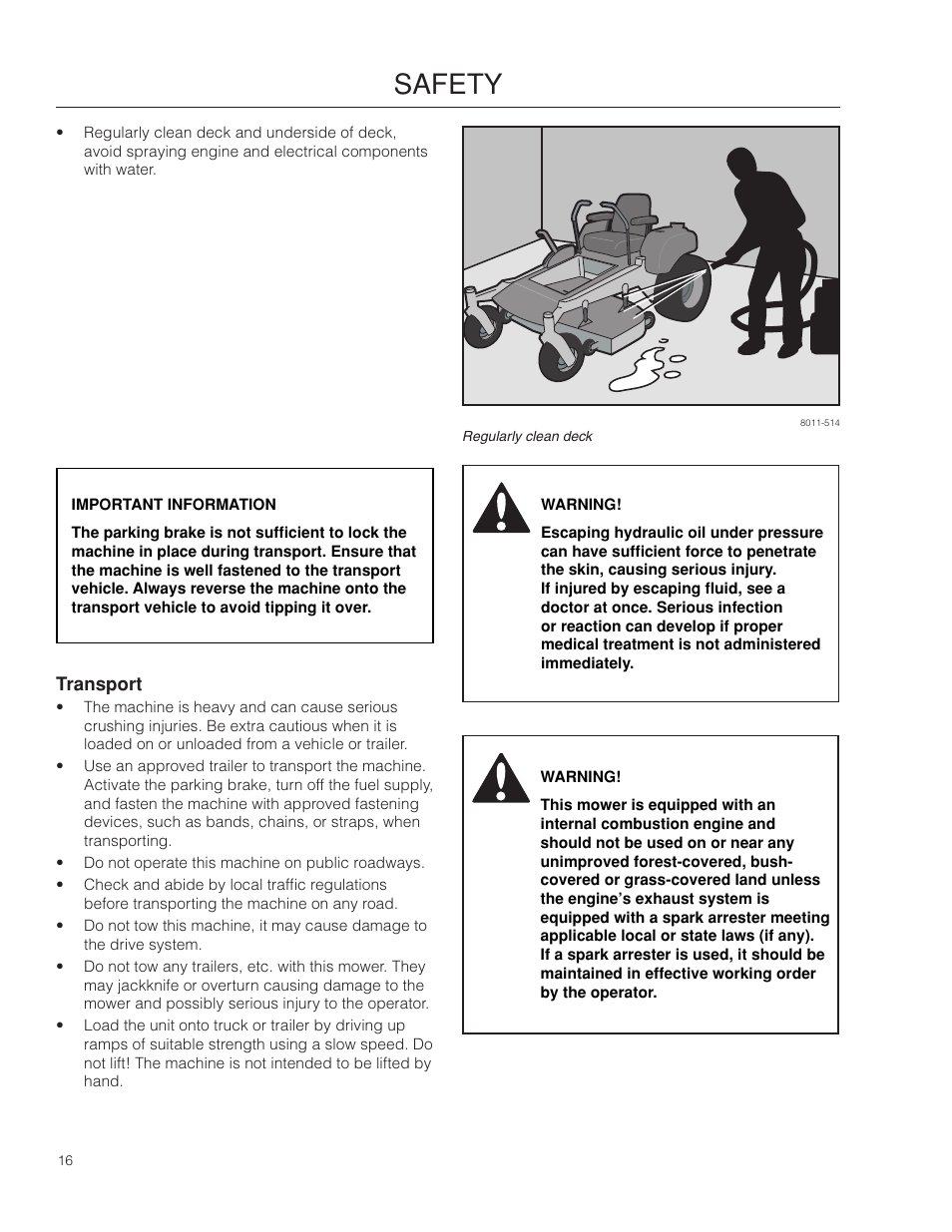 Transport, Safety | Dixon SPDZTR 30 User Manual | Page 16 / 60