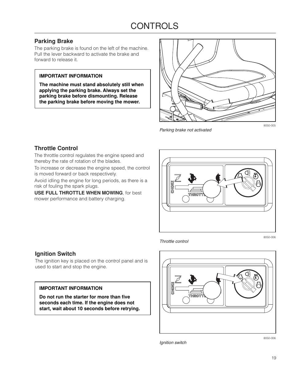 Parking brake, Throttle control, Ignition switch | Controls | Dixon SPDZTR 30 User Manual | Page 19 / 60