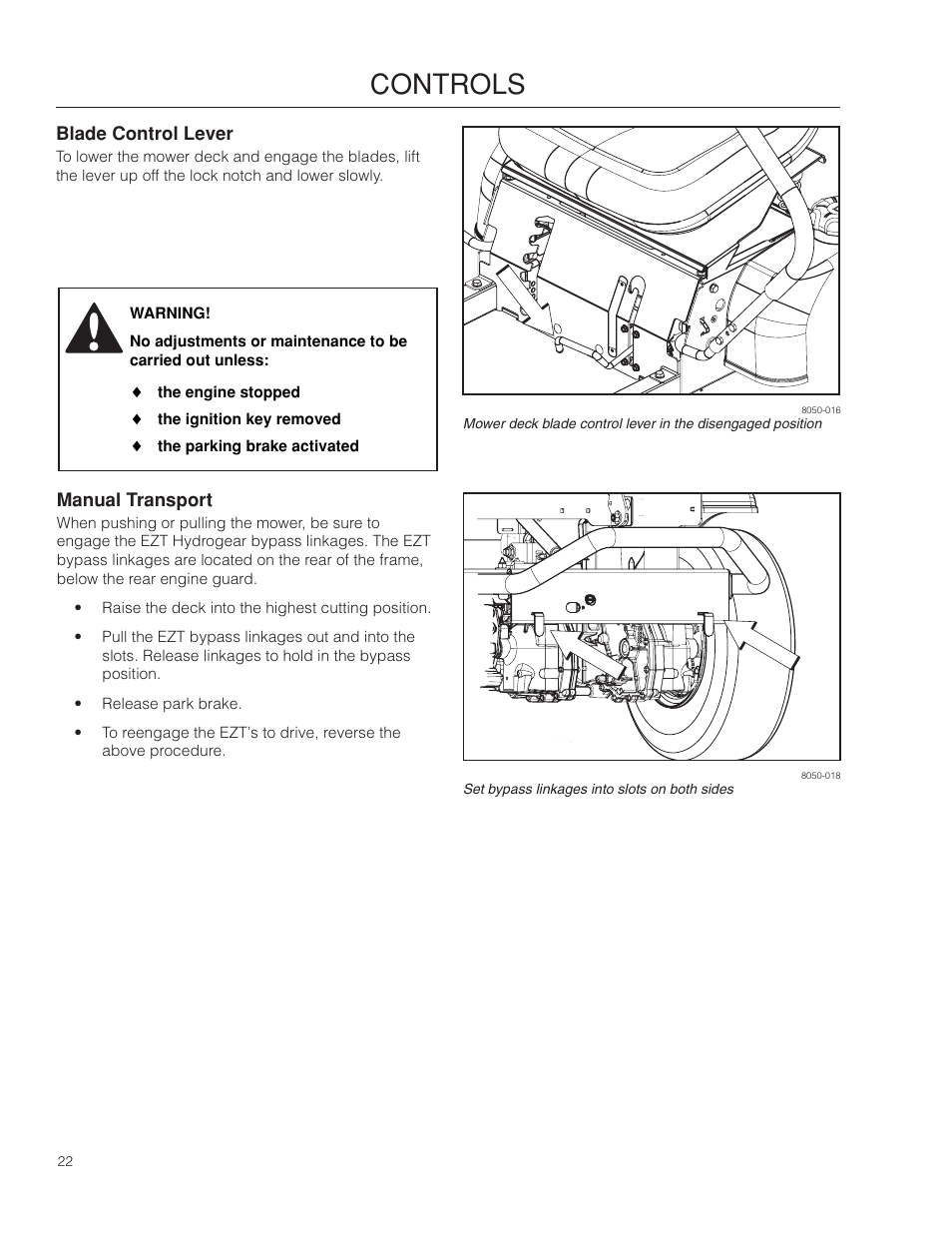 Blade control lever, Manual transport, Controls | Dixon SPDZTR 30 User Manual | Page 22 / 60