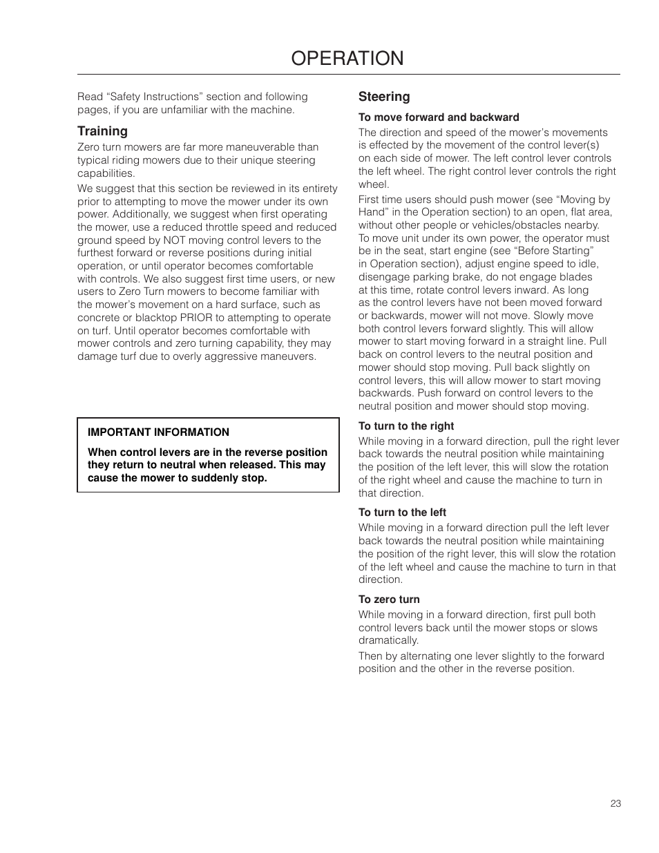 Training, Steering, Operation | Dixon SPDZTR 30 User Manual | Page 23 / 60
