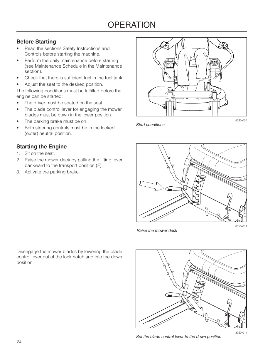 Before starting, Starting the engine, Operation | Dixon SPDZTR 30 User Manual | Page 24 / 60