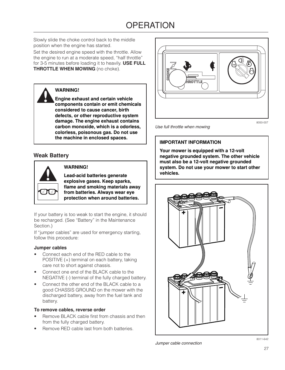 Weak battery, Jumper cables, Operation | Dixon SPDZTR 30 User Manual | Page 27 / 60