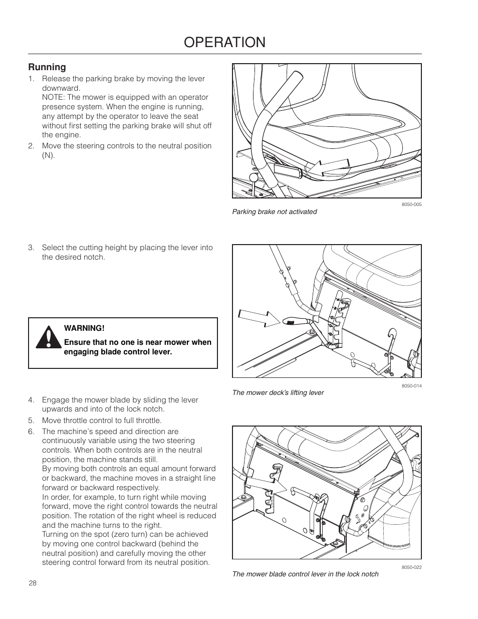 Running, Operation | Dixon SPDZTR 30 User Manual | Page 28 / 60