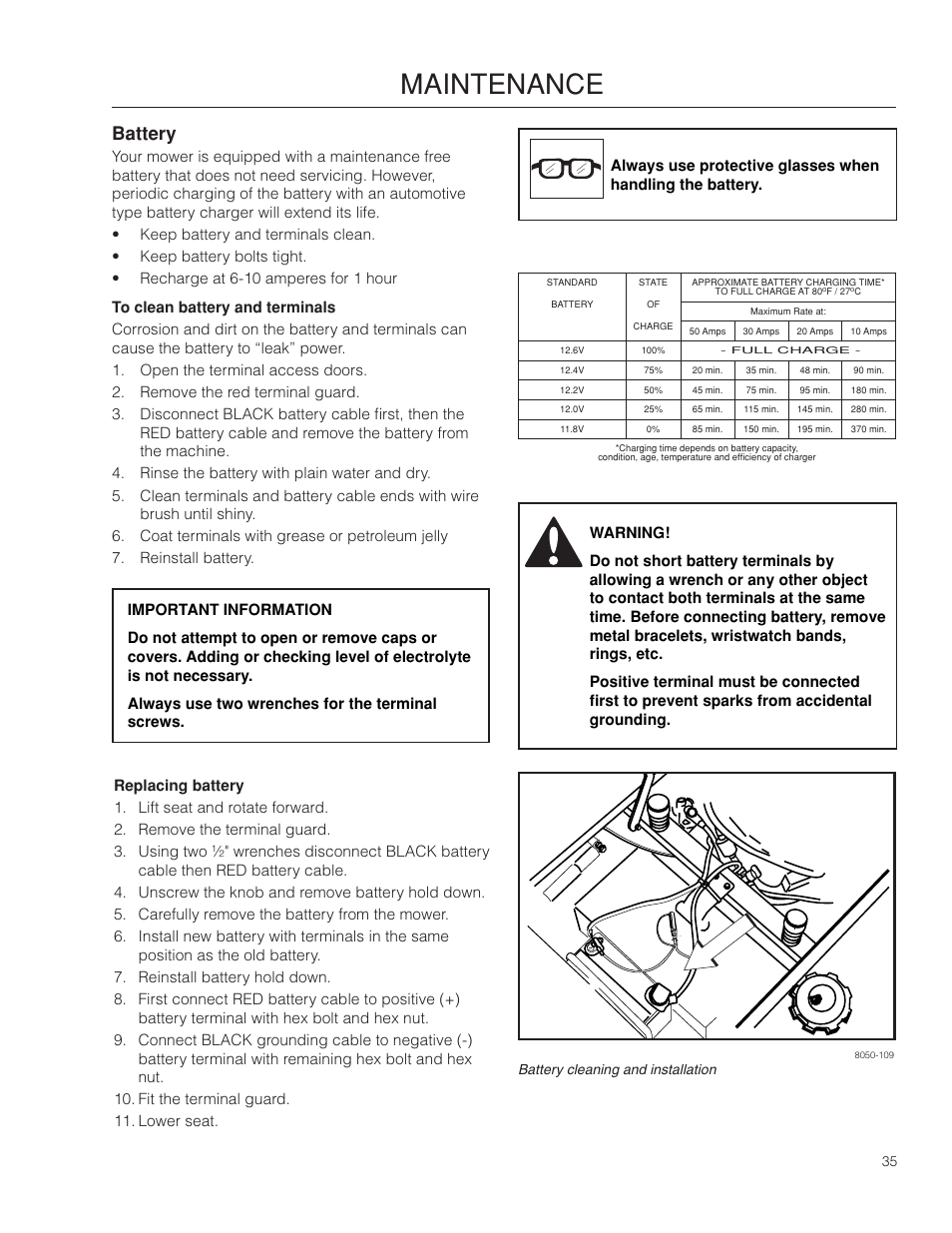 Battery, Maintenance | Dixon SPDZTR 30 User Manual | Page 35 / 60