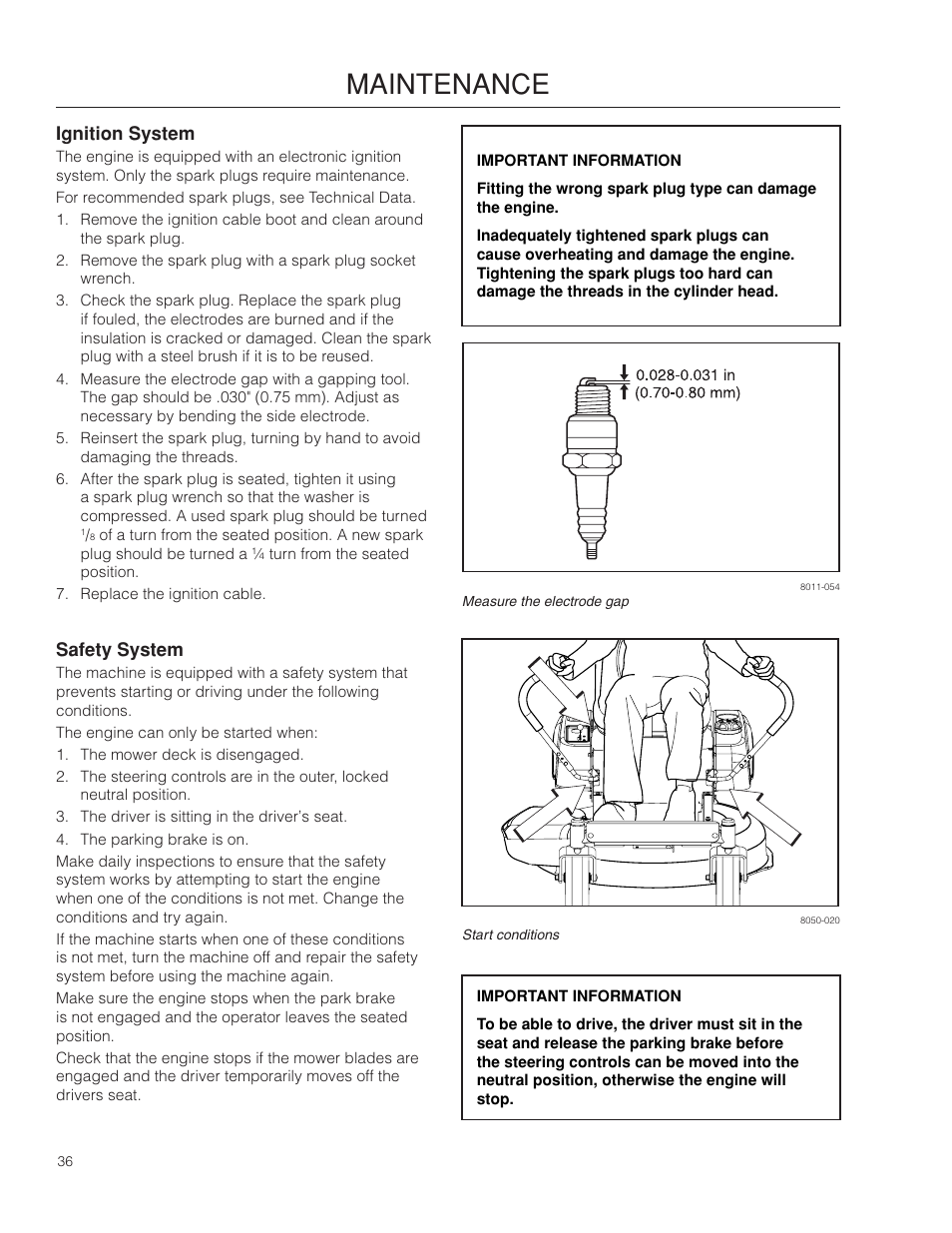 Ignition system, Safety system, Maintenance | Dixon SPDZTR 30 User Manual | Page 36 / 60