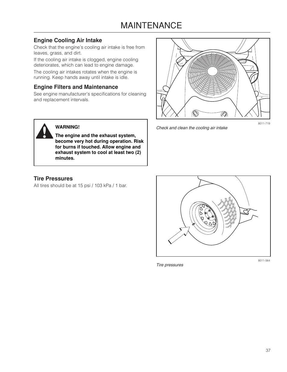 Engine cooling air intake, Engine filters and maintenance, Tire pressures | Maintenance | Dixon SPDZTR 30 User Manual | Page 37 / 60