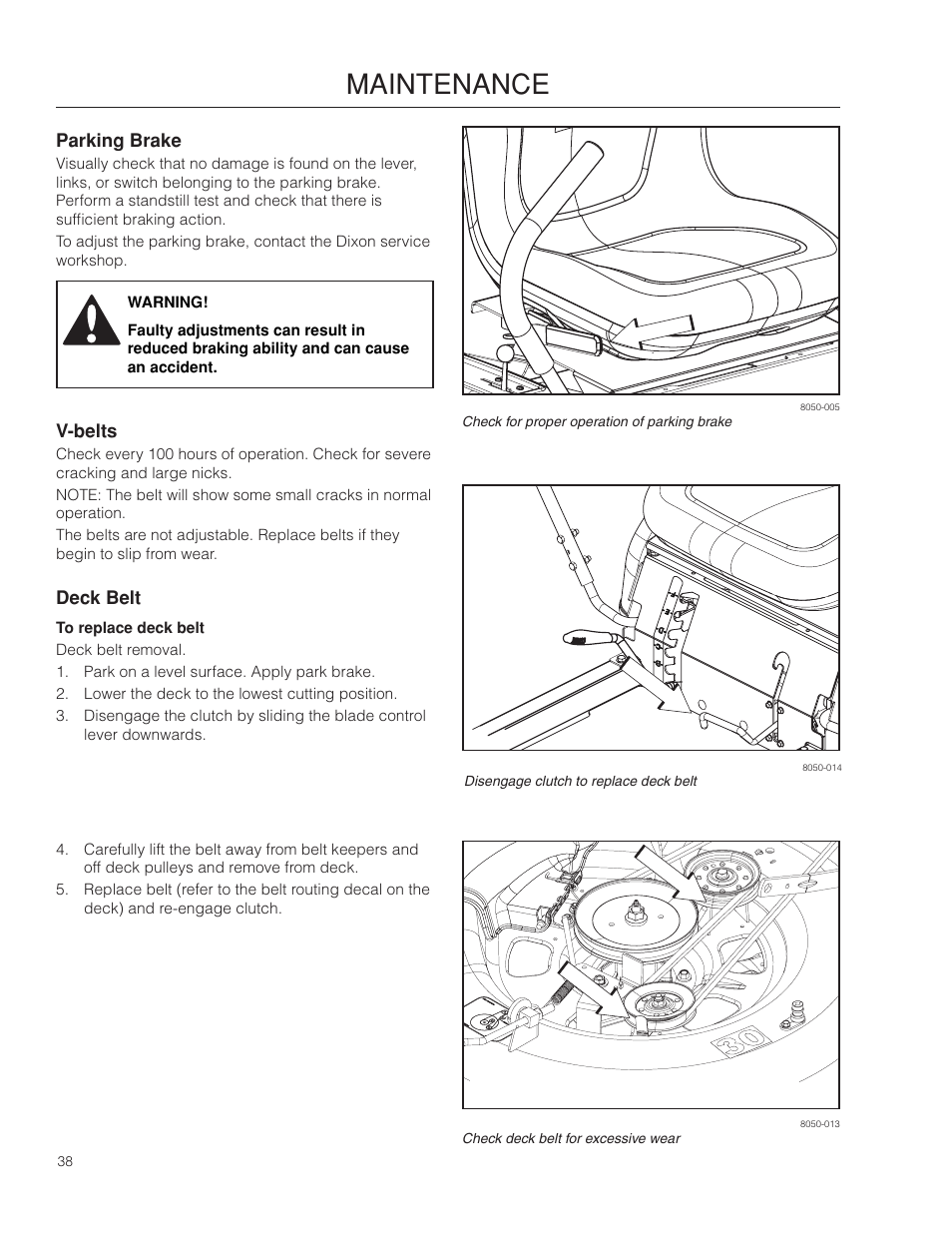 Parking brake, V-belts, Deck belt | Maintenance | Dixon SPDZTR 30 User Manual | Page 38 / 60