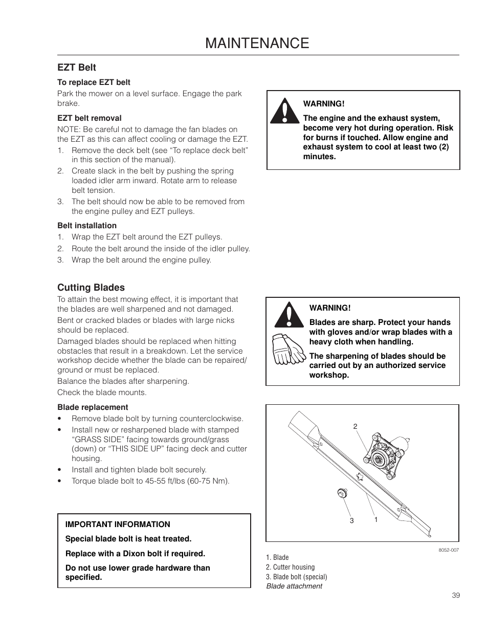 Ezt belt, Cutting blades, Blade replacement | Maintenance | Dixon SPDZTR 30 User Manual | Page 39 / 60