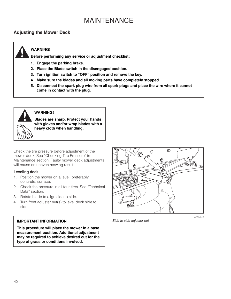 Adjusting the mower deck, Leveling deck, Maintenance | Dixon SPDZTR 30 User Manual | Page 40 / 60