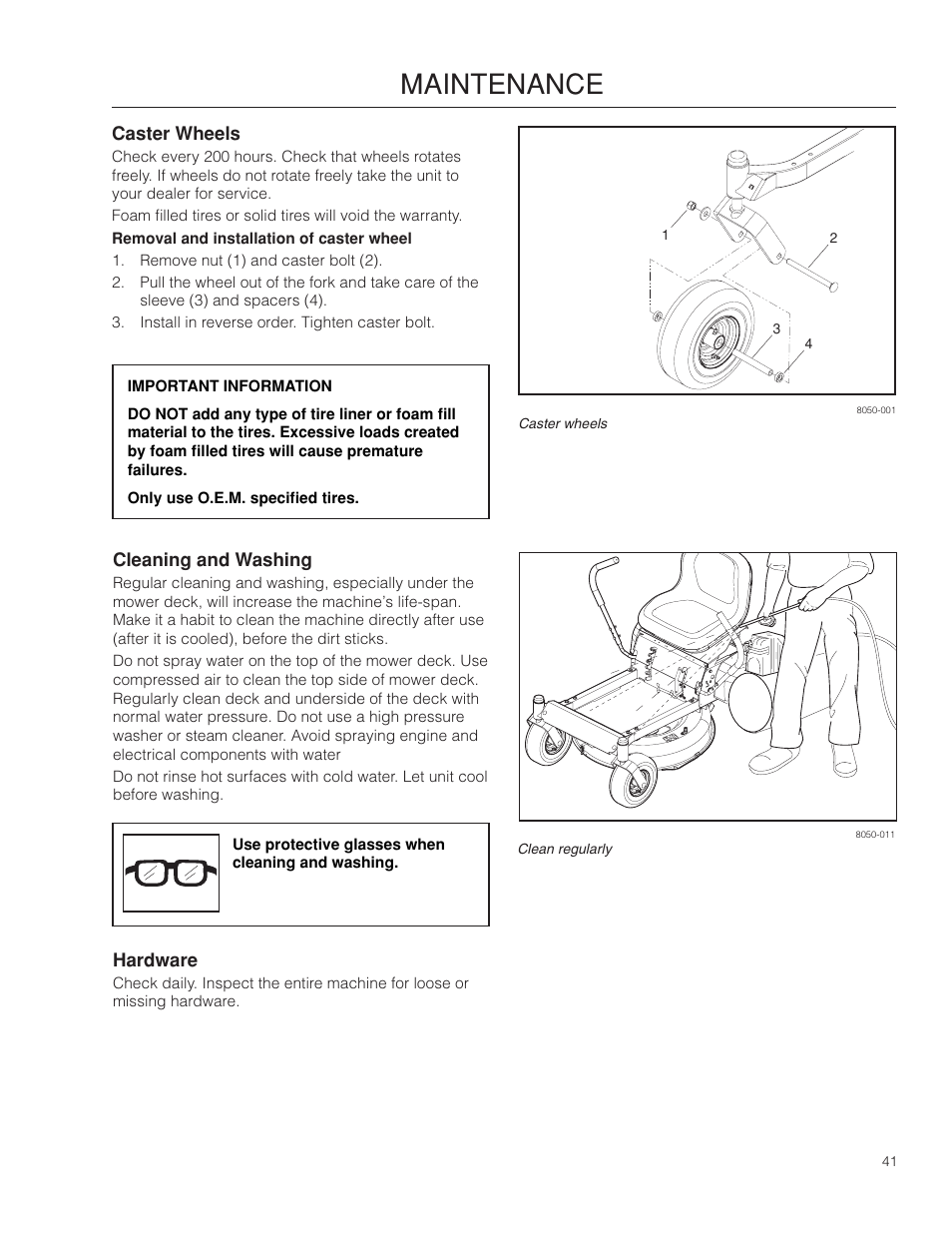 Caster wheels, Cleaning and washing, Hardware | Maintenance | Dixon SPDZTR 30 User Manual | Page 41 / 60
