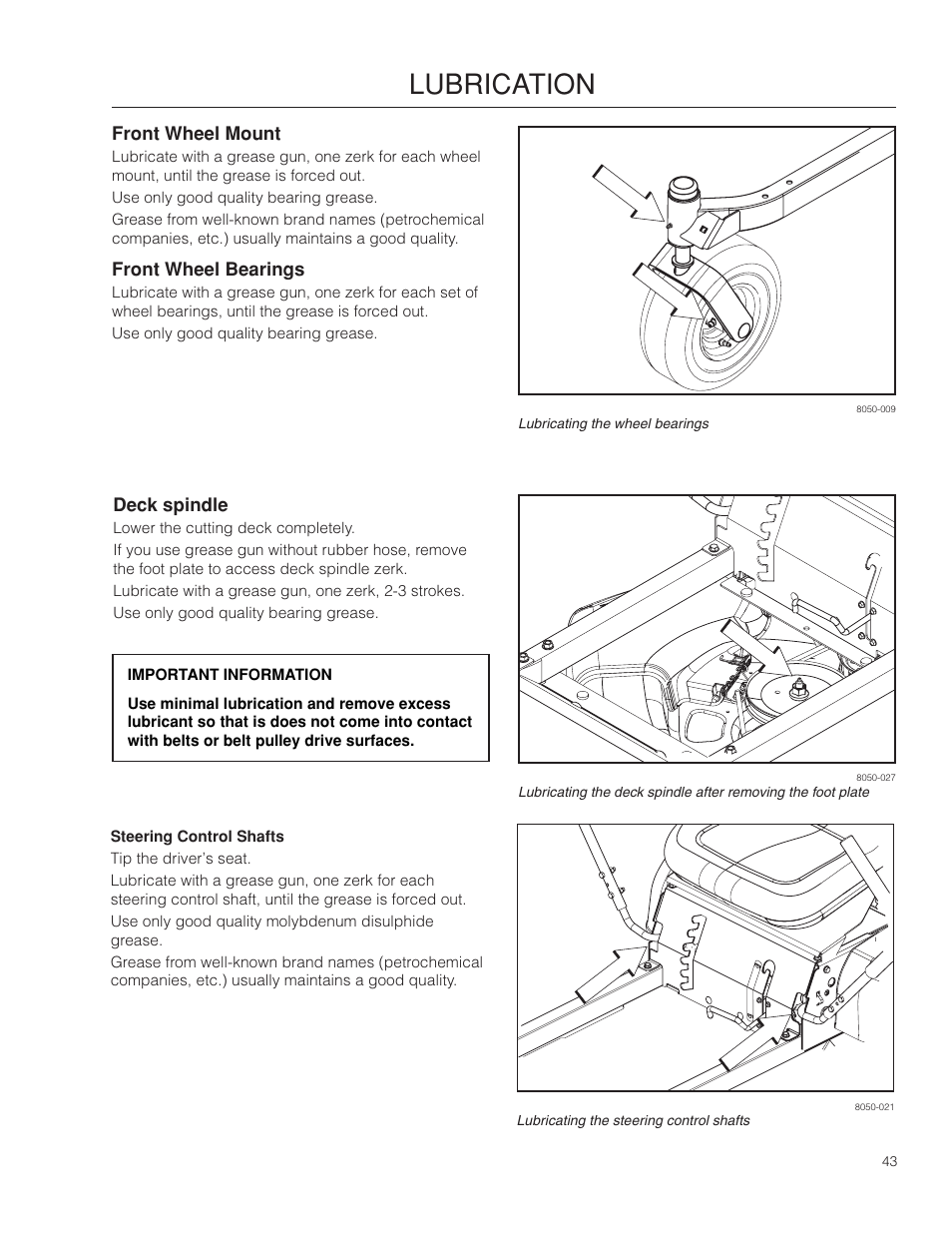 Front wheel mount, Front wheel bearings, Deck spindle | Steering control shafts, Lubrication | Dixon SPDZTR 30 User Manual | Page 43 / 60