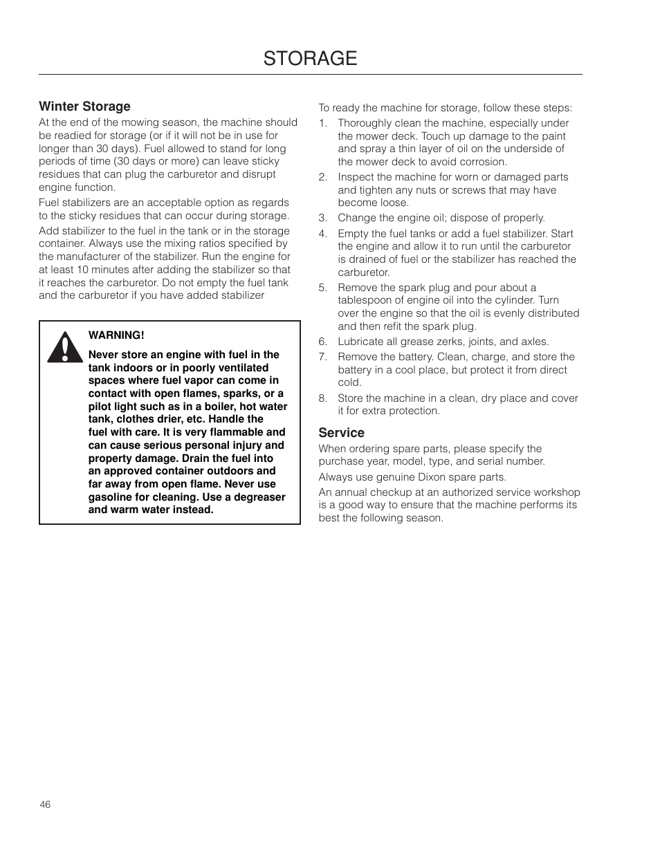 Storage, Winter storage, Service | Dixon SPDZTR 30 User Manual | Page 46 / 60