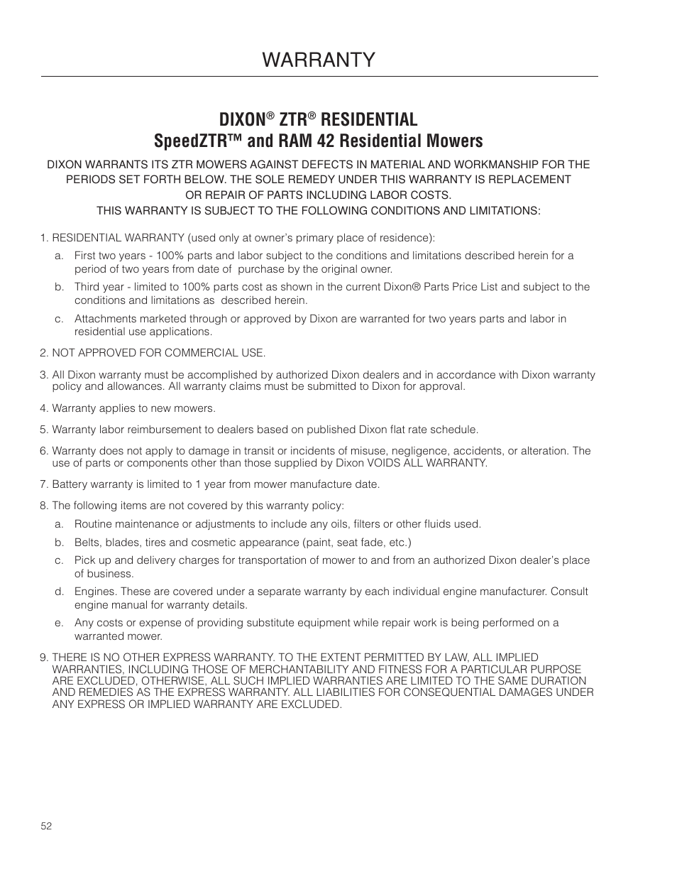 Warranty, Dixon | Dixon SPDZTR 30 User Manual | Page 52 / 60