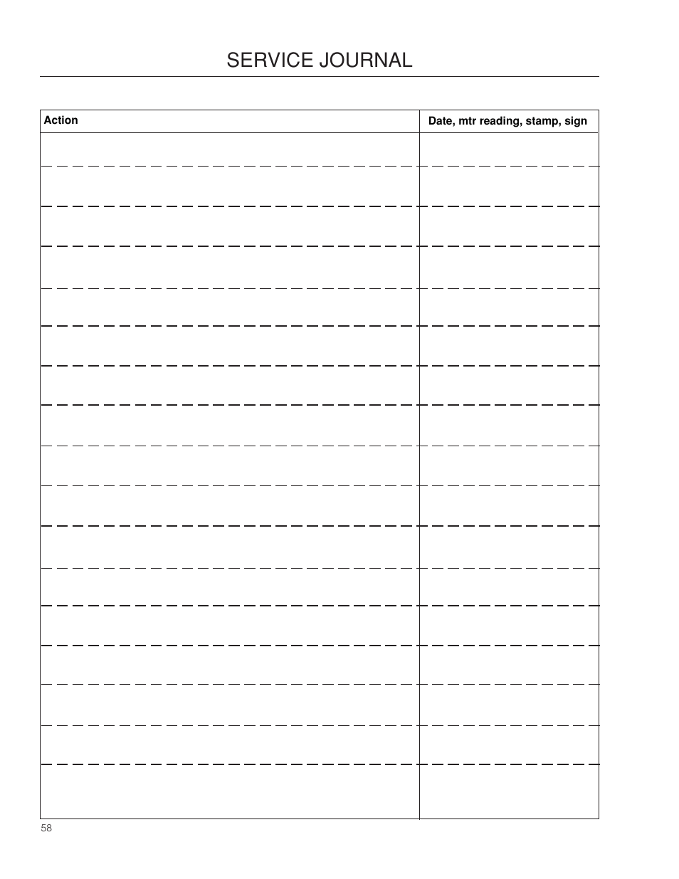 Service journal | Dixon SPDZTR 30 User Manual | Page 58 / 60