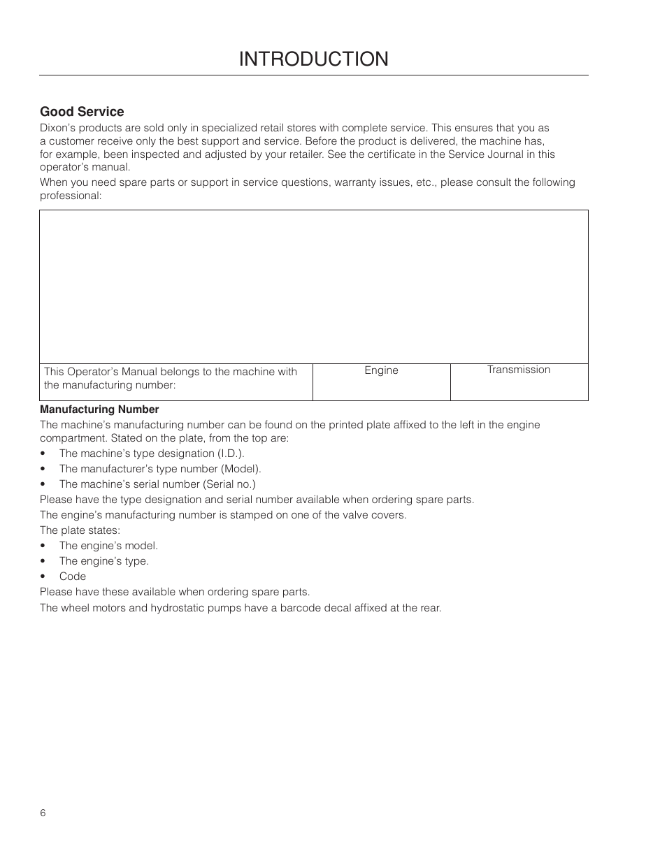 Good service, Introduction | Dixon SPDZTR 30 User Manual | Page 6 / 60