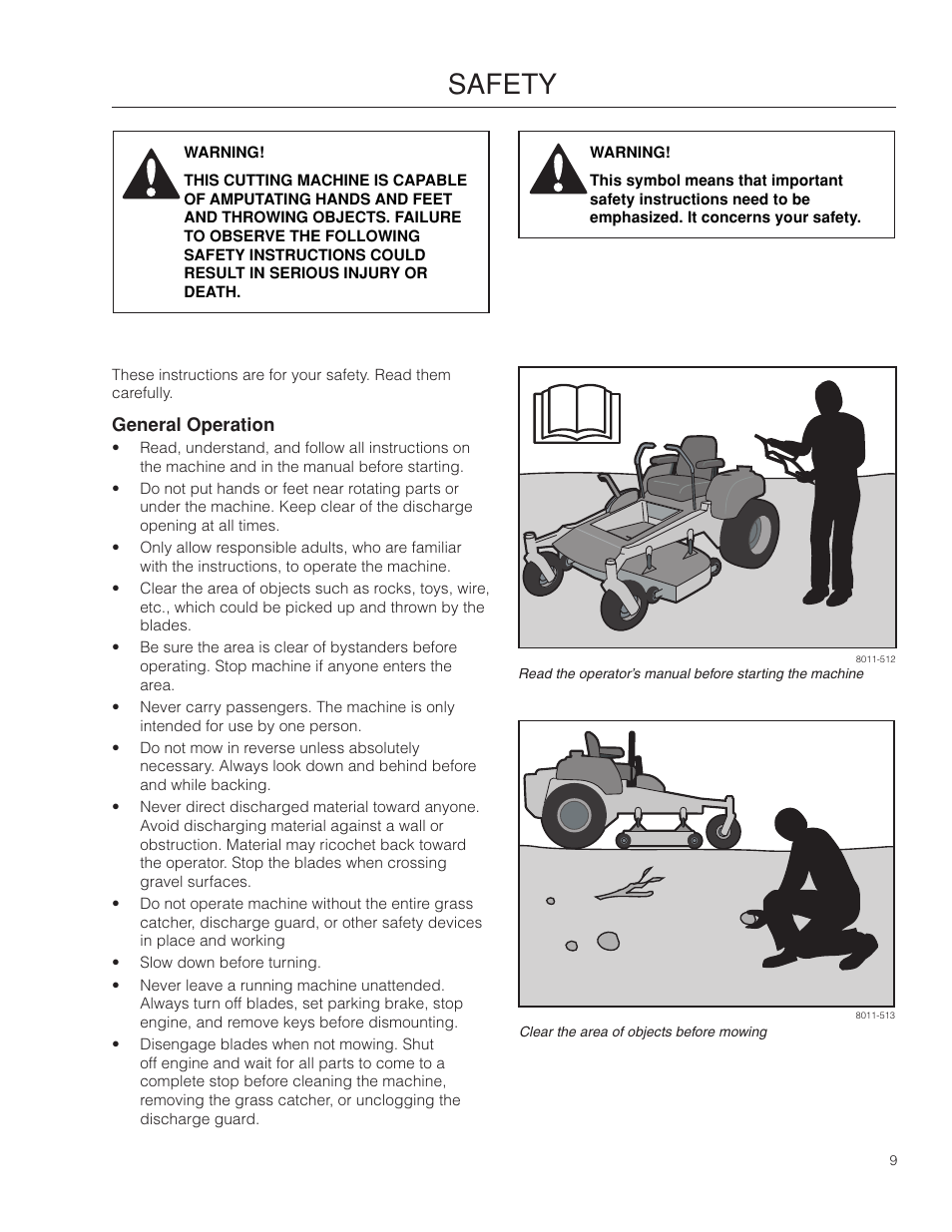 Safety, General operation | Dixon SPDZTR 30 User Manual | Page 9 / 60