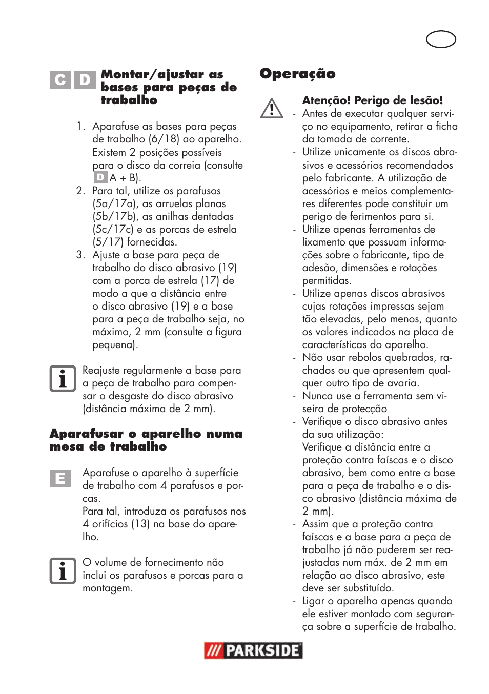 Operação | Parkside PSBS 240 B2 User Manual | Page 43 / 88