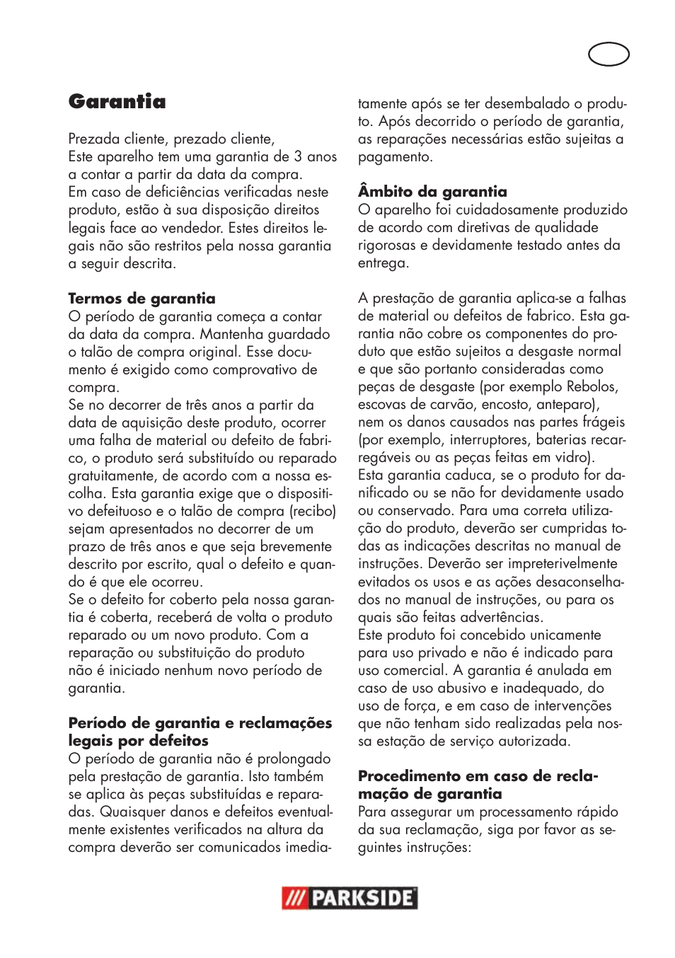 Garantia | Parkside PSBS 240 B2 User Manual | Page 49 / 88