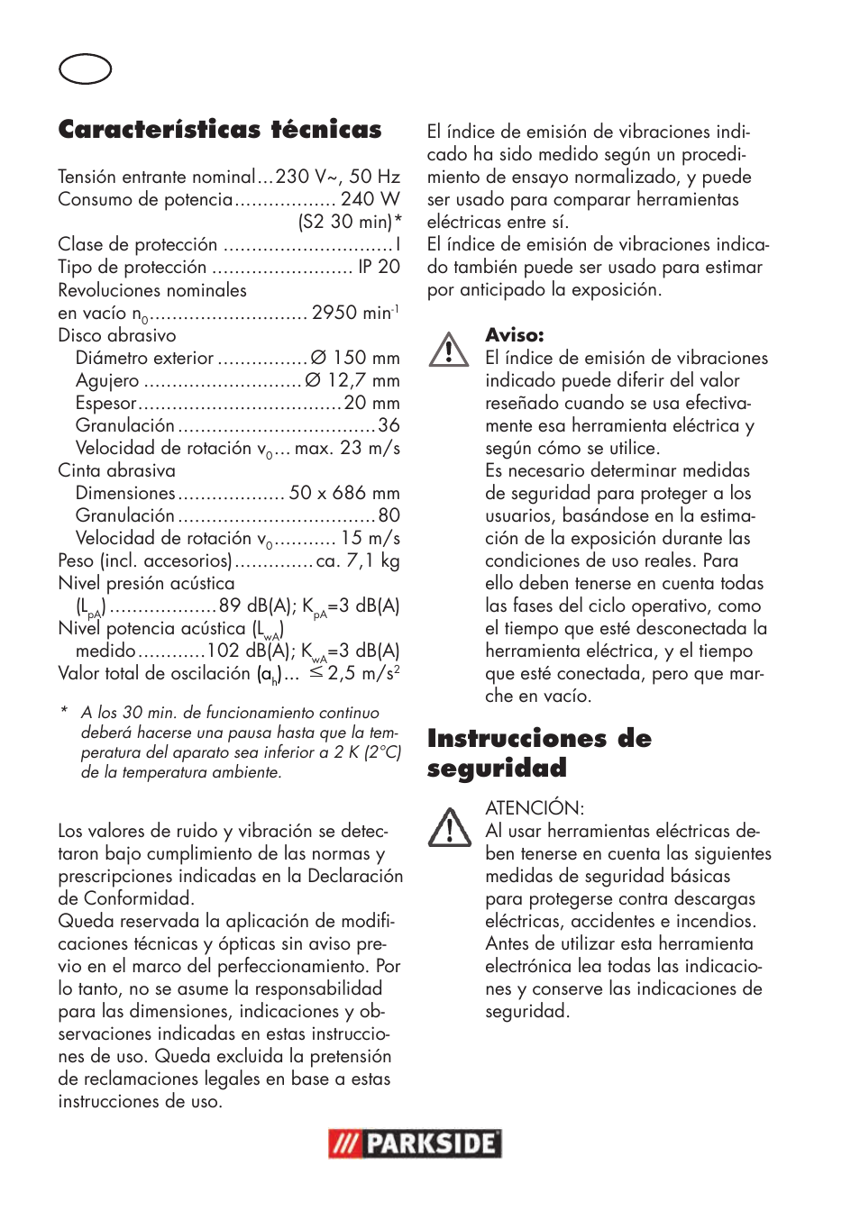 Características técnicas, Instrucciones de seguridad | Parkside PSBS 240 B2 User Manual | Page 6 / 88