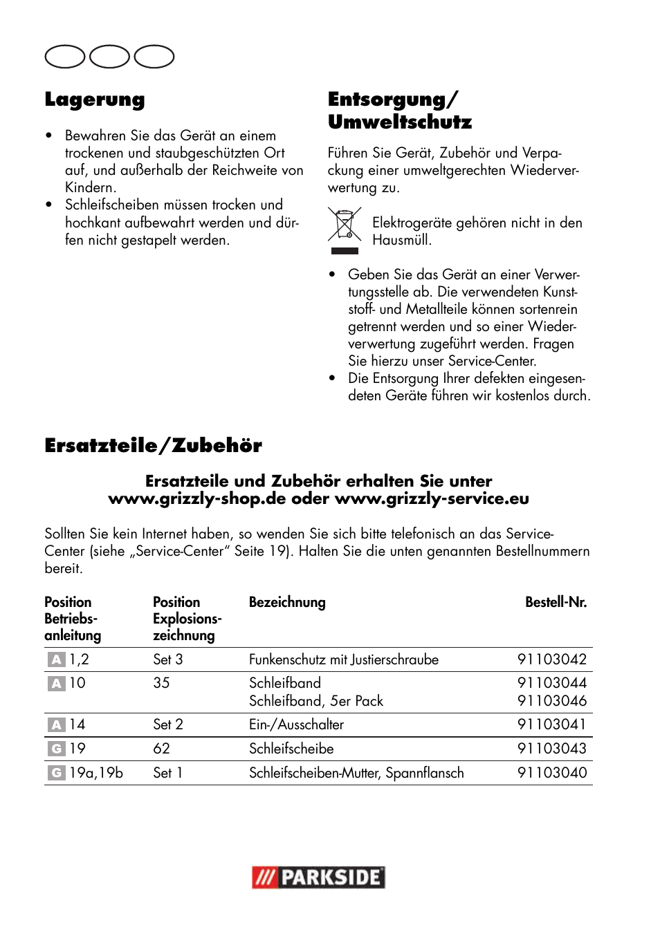 Lagerung, Entsorgung/ umweltschutz, Ersatzteile/zubehör | Parkside PSBS 240 B2 User Manual | Page 16 / 72