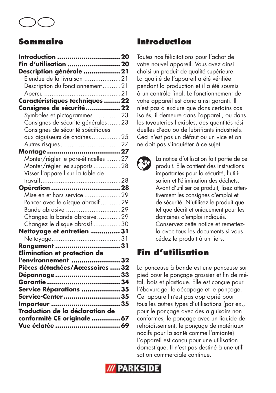 Introduction, Fin d’utilisation, Sommaire | Fr ch | Parkside PSBS 240 B2 User Manual | Page 20 / 72