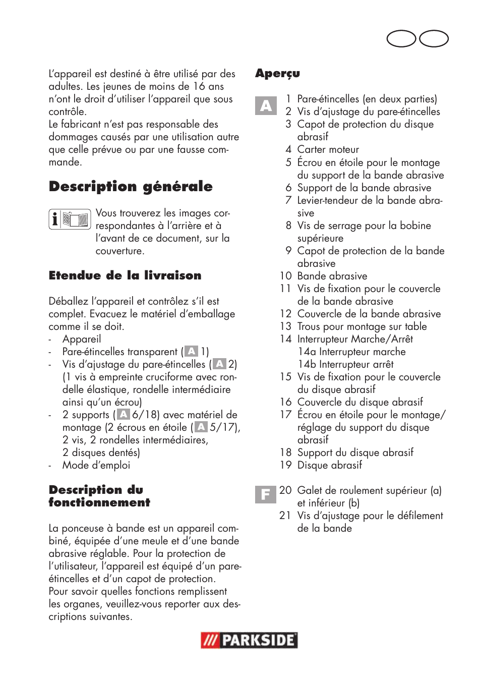 Description générale, Fr ch | Parkside PSBS 240 B2 User Manual | Page 21 / 72