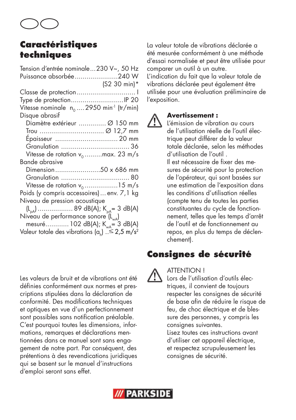 Caractéristiques techniques, Consignes de sécurité, Fr ch | Parkside PSBS 240 B2 User Manual | Page 22 / 72