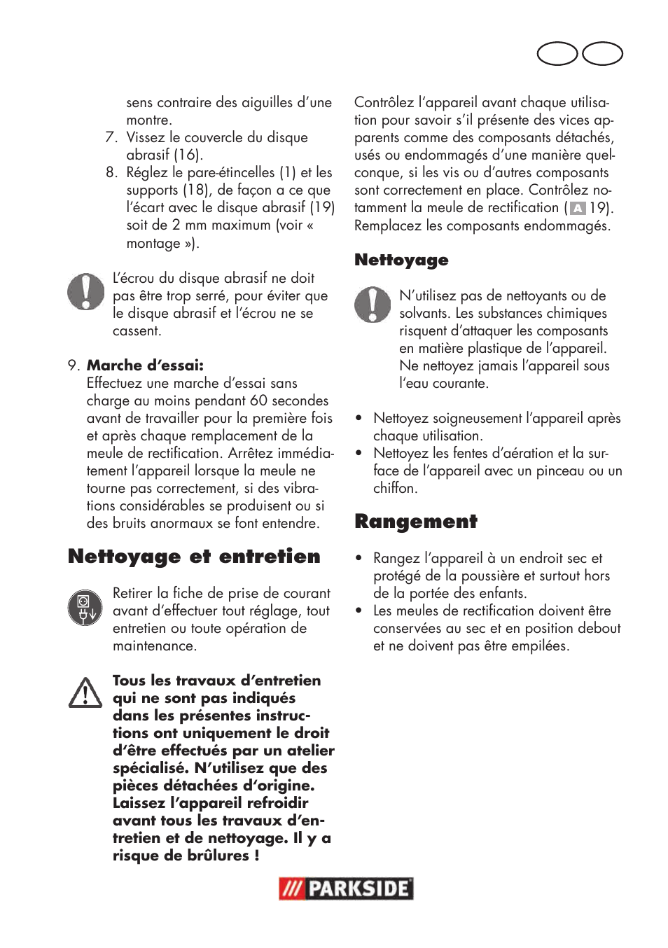 Nettoyage et entretien, Rangement, Fr ch | Parkside PSBS 240 B2 User Manual | Page 31 / 72