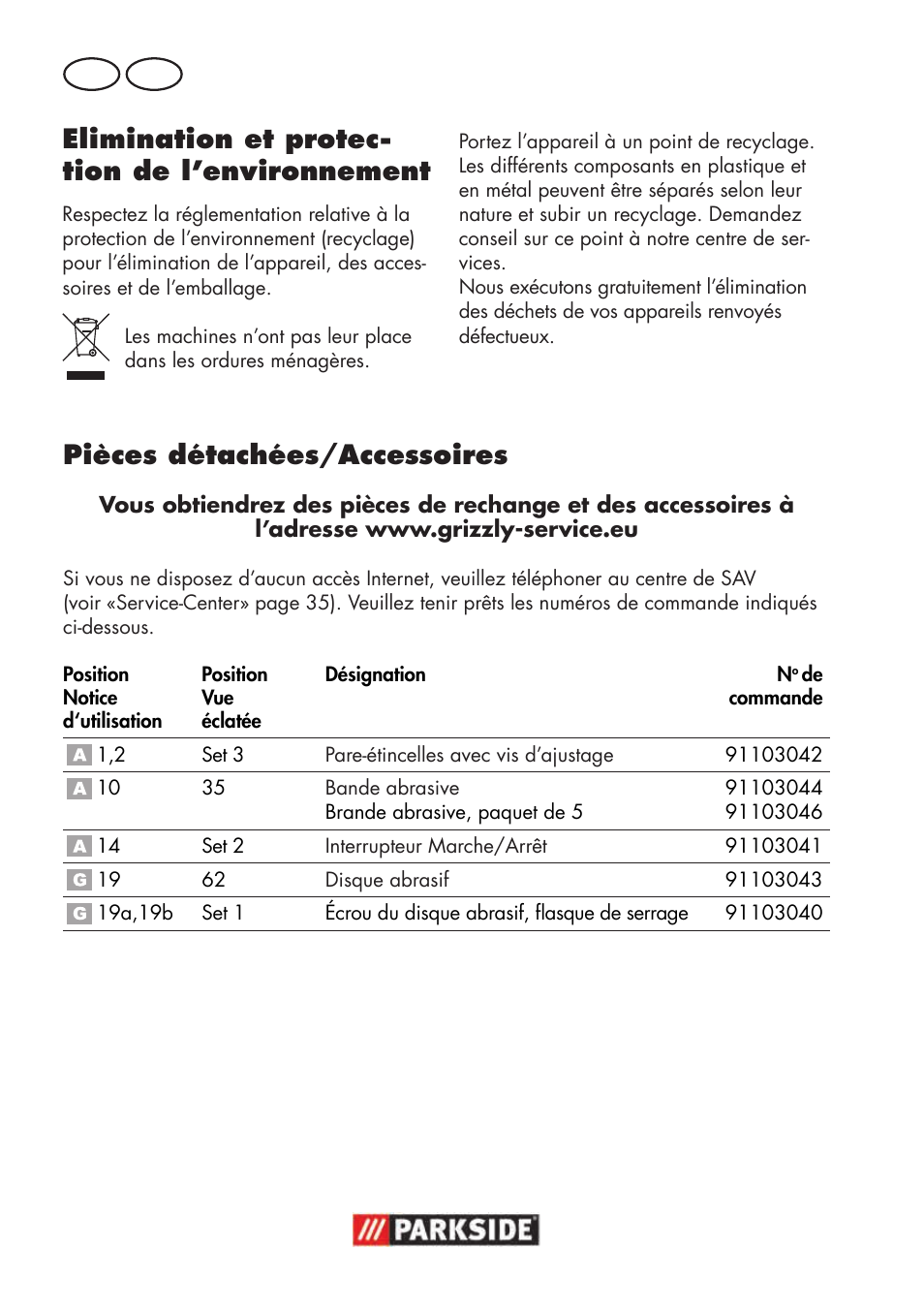 Elimination et protec- tion de l’environnement, Pièces détachées/accessoires, Fr ch | Parkside PSBS 240 B2 User Manual | Page 32 / 72