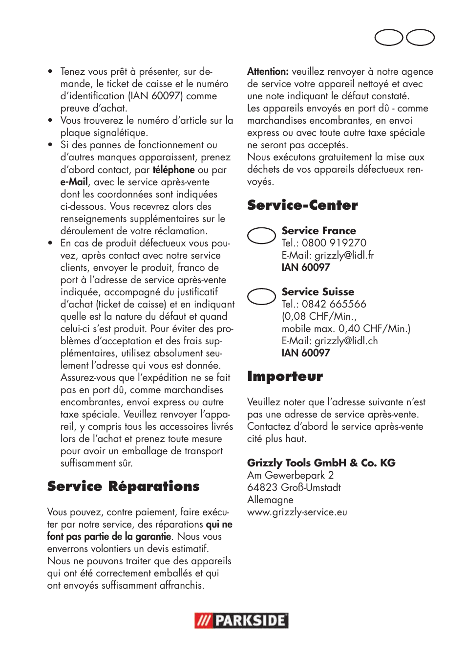 Service réparations, Service-center, Importeur | Fr ch, Ch fr | Parkside PSBS 240 B2 User Manual | Page 35 / 72