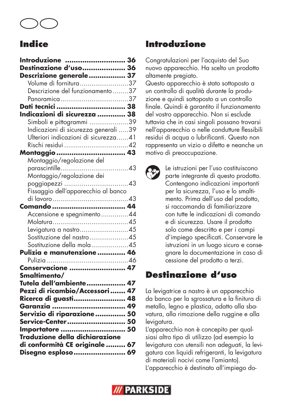 Introduzione, Destinazione d‘uso, Indice | It ch | Parkside PSBS 240 B2 User Manual | Page 36 / 72