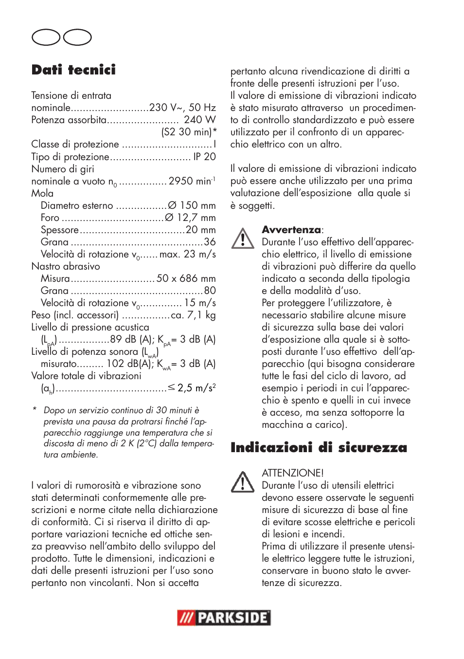 Dati tecnici, Indicazioni di sicurezza, It ch | Parkside PSBS 240 B2 User Manual | Page 38 / 72