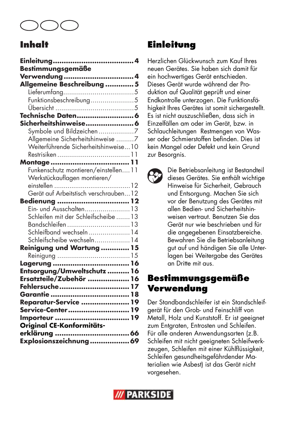 Inhalt, Einleitung, Bestimmungsgemäße verwendung | De at ch | Parkside PSBS 240 B2 User Manual | Page 4 / 72