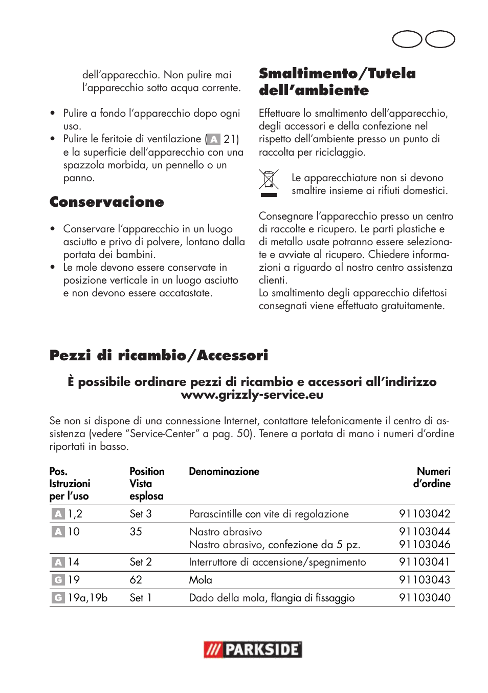 Conservacione, Smaltimento/tutela dell’ambiente, Pezzi di ricambio/accessori | Parkside PSBS 240 B2 User Manual | Page 47 / 72