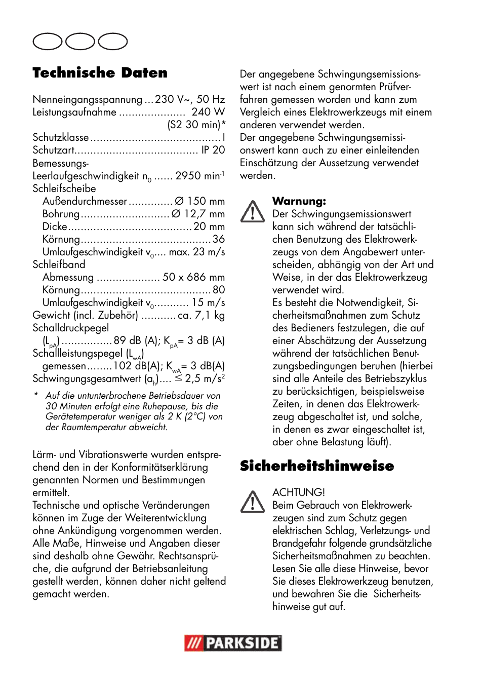 Technische daten, Sicherheitshinweise, De at ch | Parkside PSBS 240 B2 User Manual | Page 6 / 72