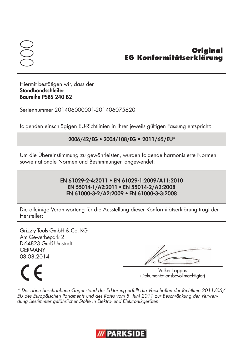 Original eg konformitätserklärung | Parkside PSBS 240 B2 User Manual | Page 66 / 72