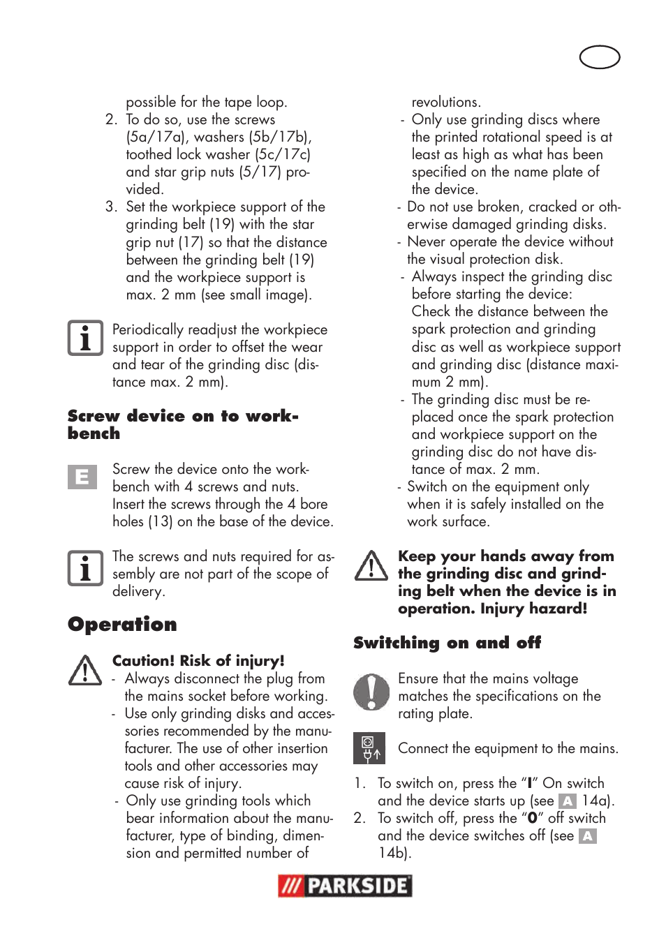 Operation | Parkside PSBS 240 B2 User Manual | Page 11 / 104