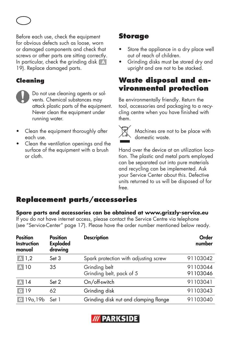 Storage, Waste disposal and en- vironmental protection, Replacement parts/accessories | Parkside PSBS 240 B2 User Manual | Page 14 / 104