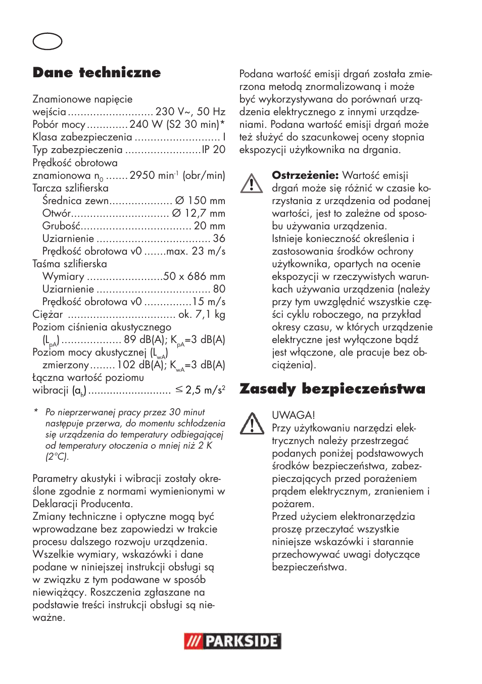 Dane techniczne, Zasady bezpieczeństwa | Parkside PSBS 240 B2 User Manual | Page 20 / 104