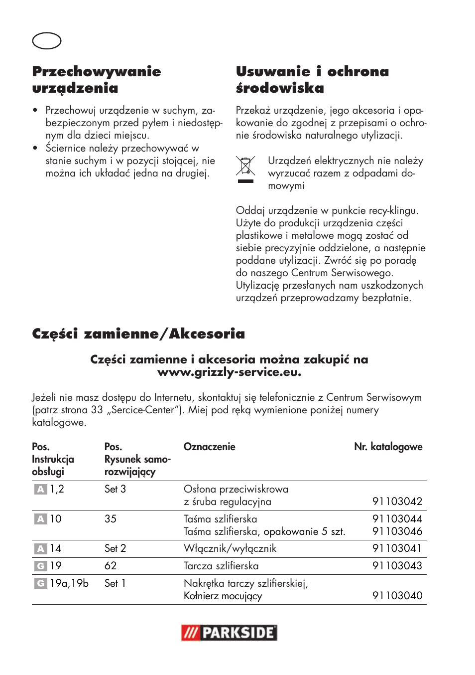 Przechowywanie urządzenia, Usuwanie i ochrona środowiska, Części zamienne/akcesoria | Parkside PSBS 240 B2 User Manual | Page 30 / 104